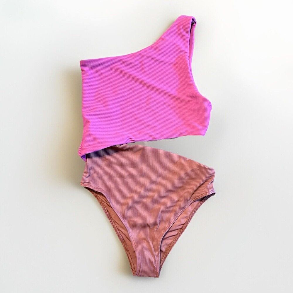 NWOT Beach Riot Celine Split One Piece Swimsuit size S Pink Neon Ribbed